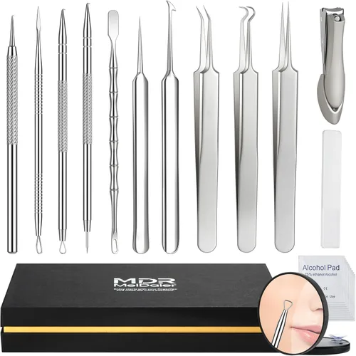 Miniatura 9 de Kit de herramientas de eliminación de espinillas de acero inoxidable tratado térmicamente, 12 piezas, extractor de comedona para acné facial