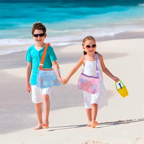 Miniatura 3 de UTTPLL Bolsa de playa de malla colorida ajustable para niños, bolsa de red de secado rápido para conchas marinas que recolecta arena juguete Rosa