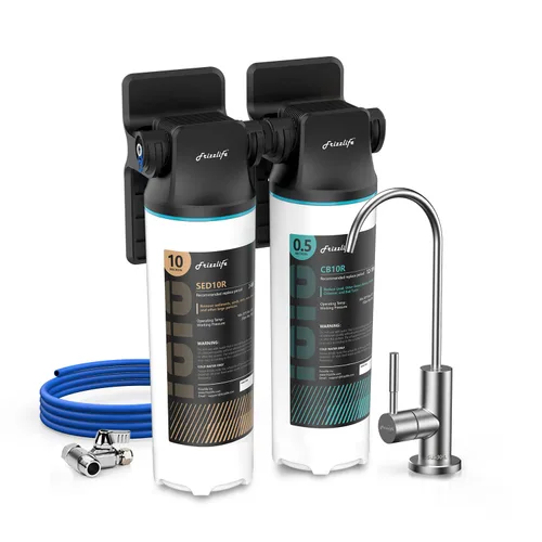Frizzlife DW10F - Sistema de filtro de agua para debajo del fregadero con grifo de níquel cepillado, elementos certificados NSF/ANSI 53 y 42, reduce