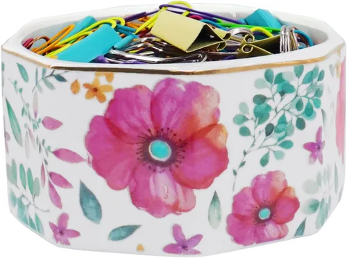Miniatura 16 de Portaclips de Cerámica con Línea Dorada Dispensador Organizador de Clips para Escritorio Lindo Patrón de Mármol Terrazo Portaclips de Oficina