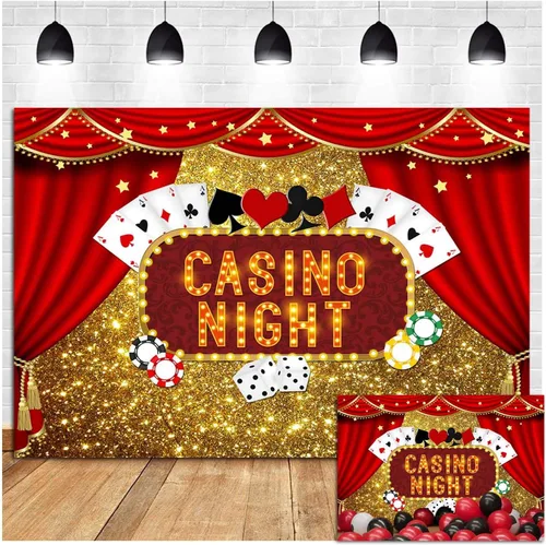 Miniatura 11 de Telones de fondo de fotografía Bokeh con purpurina dorada de Las Vegas, 5 x 3 pies, vinilo de casino, dados de póquer nocturno, cortinas rojas