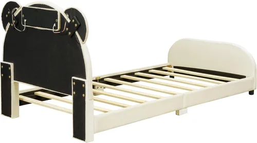 Miniatura 6 de Cama de plataforma tapizada de tamaño individual con cabecero en forma de oso y rayas de luz incrustadas, bonito marco de cama de plataforma