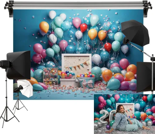 Kate Telón de fondo azul para fiesta de cumpleaños, globos coloridos, decoración de fondos de fotografía, 6.5 x 6.5 pies