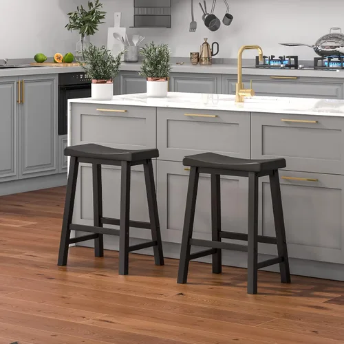 Miniatura 2 de COSTWAY Juego de 2 taburetes de silla de montar de 24 pulgadas de altura de mostrador con patas de madera maciza y reposapiés, taburetes modernos