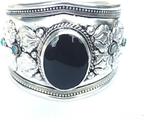 Miniatura 7 de Pulsera ajustable de acero inoxidable chapado en argencio de ónix negro Joyería bohemia de Nepal, Piedra, Ónix