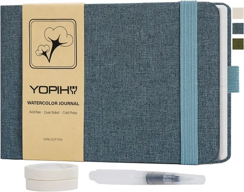 Miniatura 13 de Yopih Artists - Cuaderno de bocetos de acuarela de lino premium, cuaderno de acuarela de 5.5" x 5.5" con papel de algodón de prensa en frío de Beige