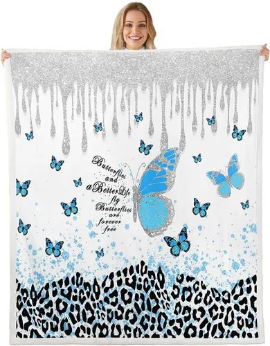 Manfei Manta de mariposa azul con purpurina plateada para sofá, manta de cama con estampado de leopardo azul para niños y niñas, decoración de