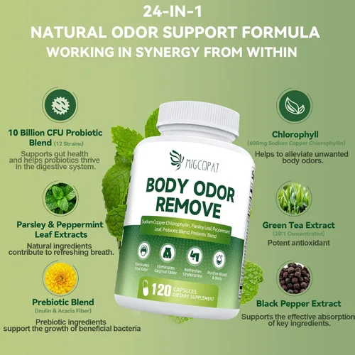 Miniatura 2 de Suplemento desodorizante corporal de clorofila con 10 mil millones de UFC probióticos, vitamina C y E, perejil, menta, té verde, prebióticos