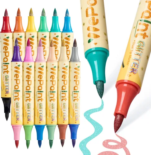 WePaint Rotuladores con Purpurina de Punta Doble, 12 Marcadores Brillantes 24 Colores con Purpurina Marcador Metálico con Puntas de Pincel, Tinta a