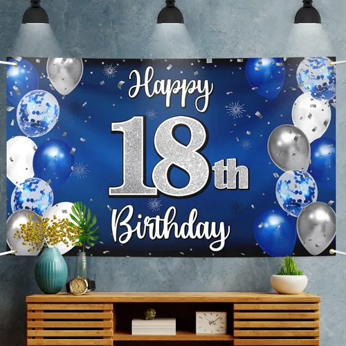 Miniatura 5 de Decoraciones de Feliz Cumpleaños Número 18, Globo Azul y Plateado Pancarta Grande de Cumpleaños Letrero de Fondo, Salud por Dieciocho Años 18º