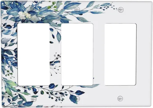 Cubiertas de Salida Triple Basculante con Hojas de Plantas de Eucalipto Azul en Acuarela Floral, Placa Frontal Decorativa de 3 Posiciones, Cubierta