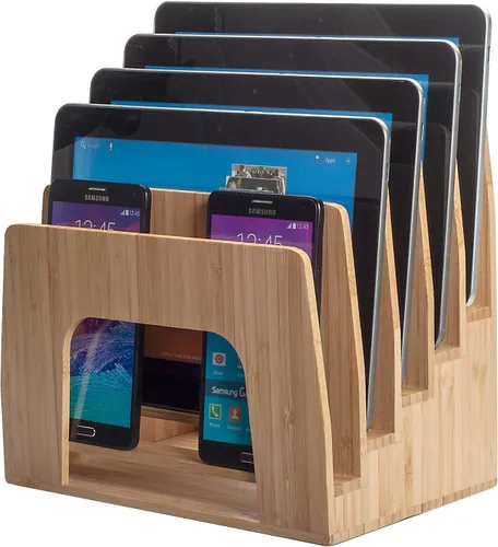 Miniatura 10 de MobileVision Organizador de dispositivos de bambú para teléfonos inteligentes, tabletas y portátiles, 10 ranuras