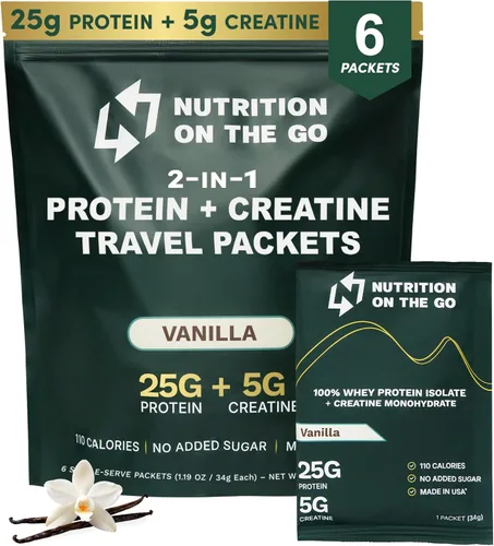 Miniatura 16 de Nutrition On The Go Paquetes aislados de proteína de suero con creatina, 0.88 oz de proteína + 0.18 oz de creatina, proteína de viaje en polvo