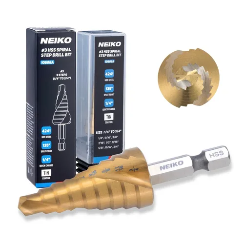 Miniatura 30 de NEIKO 10602A Step Drill Bit, 13 Steps 1/8" to 1/2" Spiral High Speed Steel, Titanium Nitride Coated, 1/4" Quick Change Step Bits for Steel, Metal