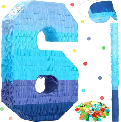 Miniatura 13 de Sratte Piñata número 1 2 3 4 5 6 7 8 9 Piñata con palo para los ojos vendados, piñata azul degradado para niños y niñas, suministros de decoración