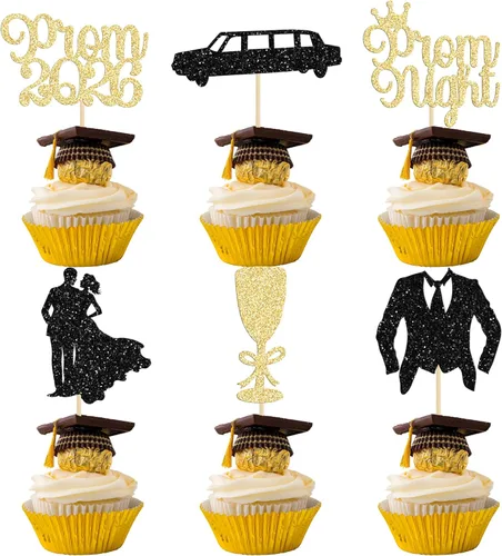 Miniatura 28 de Gyufise 24 piezas Adornos para pastel de graduación 2026 con purpurina negra, clase de 2026, adornos para magdalenas con gorra de graduación