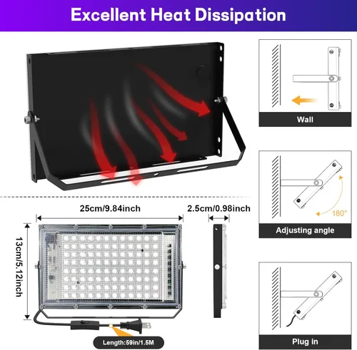 Miniatura 6 de Paquete de 2 luces LED negras de 100 W, luces negras para fiesta brillante, luces negras ultrafinas con interruptor de encendido/apagado, brillan