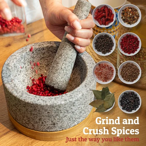 Miniatura 7 de PriorityChef Juego de Mortero y Mano de Mortero Resistente con Base de Bambú, Molinillo de Piedra de Granito 100% Natural, Tazón y Machacador de Gris