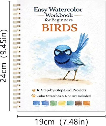Miniatura 2 de Libro de trabajo de acuarela para principiantes – pájaros, 16 proyectos originales de acuarela, libro de papel de acuarela plano