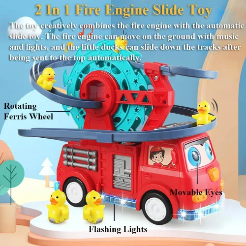 Miniatura 2 de Juguete deslizante de motor de bomberos 2 en 1 para niños – Juego interactivo para niños pequeños con música, luces, pista de carreras y noria