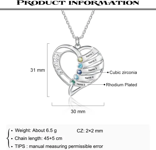 Miniatura 3 de Personalized Mom Heart Necklace Birthstone Necklace for Women Mom Jewelry with 1-6 Names Customized Name Necklace Christmas Birthday Gifts for Mama