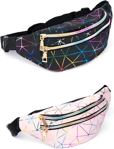2 piezas holográficas negro oro azul rosa brillante plata púrpura Fanny Pack para mujeres gran linda cintura riñonera riñonera bolsa brillante para