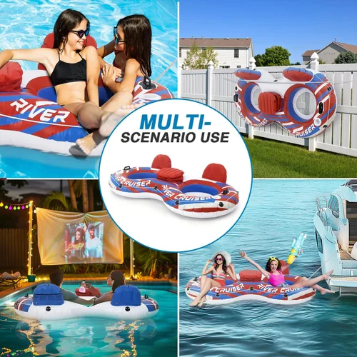 Miniatura 9 de River Tubes for Floating Heavy Duty Inflatable Floating Lounger Premium River Water Rafts Pool Float with Cup Holder Above Lake for Adults Rojo