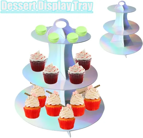 Miniatura 2 de MRPAPA Paquete de 2 soportes de cartón para cupcakes, bandeja de postre de 3 niveles, soporte de papel desechable, mini soporte para tartas