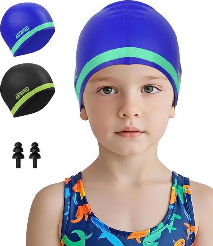 Miniatura 9 de Aegend Paquete de 2 gorros de natación para niñas y niños de 3 a 15 años, gorro de natación impermeable para niños, de silicona duradera