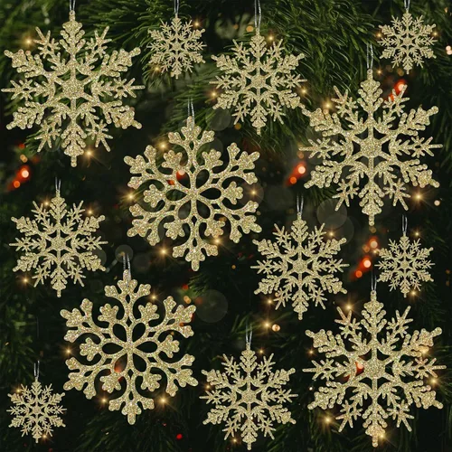 Miniatura 12 de Decoraciones para árbol de Navidad, adornos de copo de nieve, 36 piezas de copos de nieve colgantes de plástico con purpurina azul y plateado
