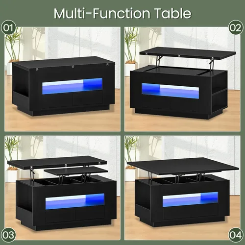 Miniatura 4 de CHOEZON Mesa auxiliar elevable de 40 pulgadas con 2 cajones, luces LED y almacenamiento, mesa central multiusos 4 en 1 con base flotante, para sala