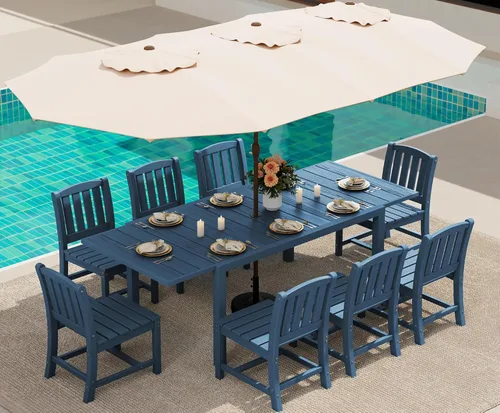 Miniatura 61 de SERWALL Juego de comedor para exteriores de 9 piezas, mesa de comedor expandible de 60 a 83 pulgadas y 8 sillas de polietileno de alta densidad