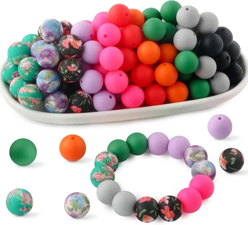 Miniatura 16 de 70 cuentas de silicona impresas para hacer llaveros, cuentas redondas de silicona de 0.59 pulgadas para hacer bolígrafos, collares y pulseras