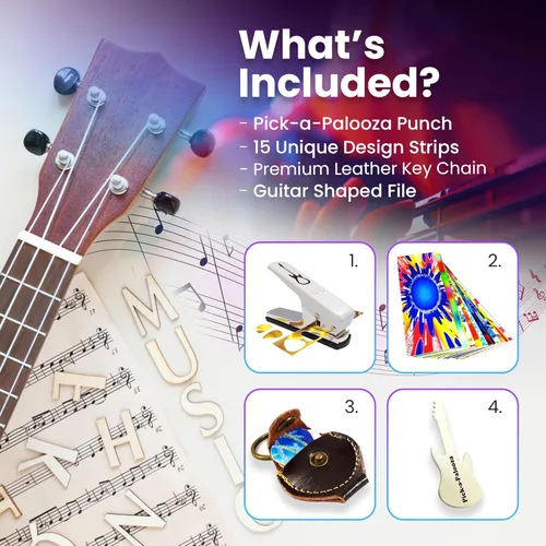 Miniatura 6 de Gran kit de Pick-a-Palooza para hacer tus propias púas para guitarra, para regalo. Dispositivo prémium para fabricar púas. Cadena de cuero porta