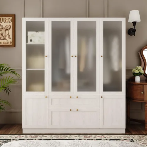Miniatura 3 de Armario de 4 puertas con varillas para colgar y 2 cajones, armario de dormitorio con puertas de vidrio esmerilado, armario con perilla dorada, veta