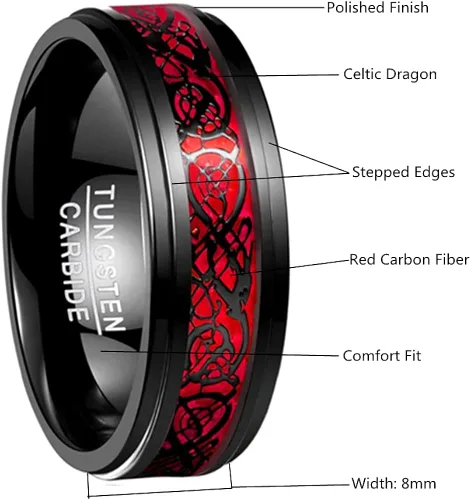 Miniatura 6 de Corato Anillos de tungsteno para hombre, 0.315in, dragón celta negro y ópalo rojo, dos tonos, carburo de tungsteno, borde escalonado, ajuste cómodo