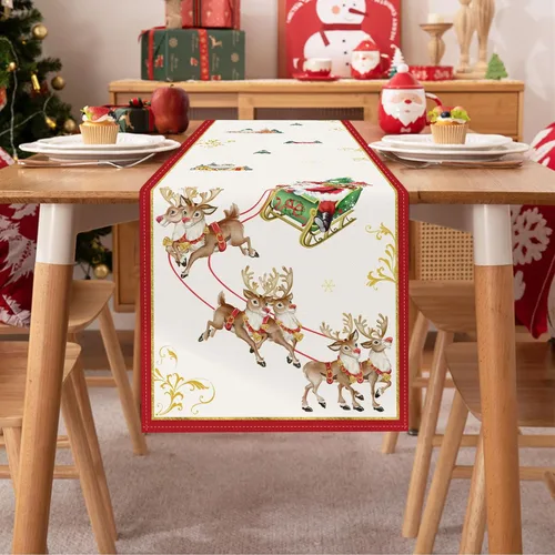 Miniatura 2 de Bonhause Camino de mesa de reno de Navidad de 13 x 72 pulgadas, trineo de Papá Noel, rojo, dorado, temporada de invierno, vacaciones, cocina