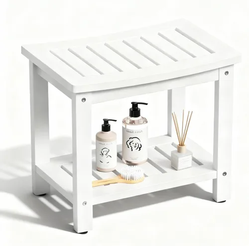 Miniatura 10 de Psilvam Banco de ducha impermeable de madera de polietileno de 21 pulgadas con estante de almacenamiento, taburete de ducha de madera sintética Teca