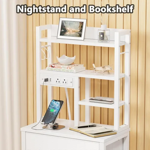 Miniatura 6 de Furnulem - Mesita alta con 3 cajones de tela y luces LED, mesita de noche con estantería, mesas de noche de 45.3 pulgadas de altura con puertos USB