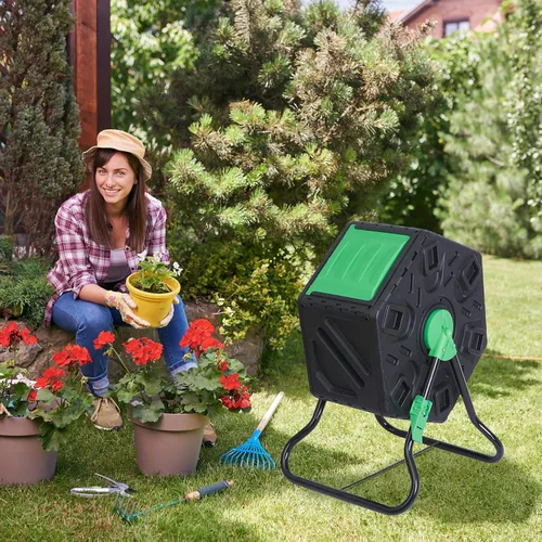 Miniatura 2 de Contenedor de compostaje giratorio con puertas correderas, contenedor de compostaje de una sola cámara, resistente para jardinería al aire libre