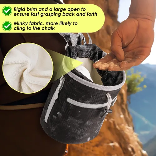 Miniatura 2 de Bolsa de tiza para escalada en roca, bolsa de bouldering, 2 cremalleras impermeables para gimnasia, ajuste cruzado y levantamiento (grande)