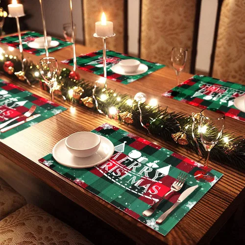 Miniatura 3 de Juego de 4 manteles individuales de Navidad, diseño de copos de nieve a cuadros, para mesa de comedor, impermeables, para decoración de mesa