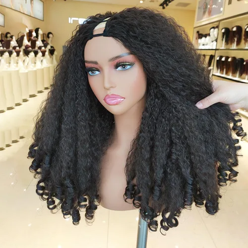 Miniatura 19 de SOKU Nueva peluca rizada afro con diadema, textura de cabello sintético trenzado con rizos únicos en el extremo, negro de 20 pulgadas, pelucas