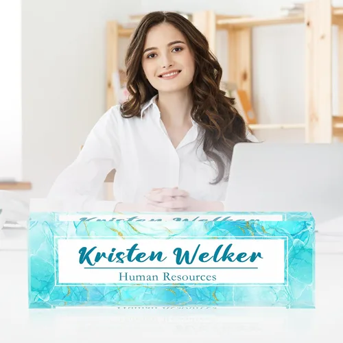Miniatura 4 de Placa de nombre de escritorio personalizada, placa de nombre de acrílico de mármol azul degradado de alta calidad, placa de nombre personalizada