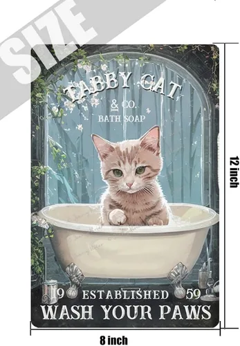 Miniatura 5 de Zomyto Letrero de metal divertido con diseño de gato "Wash Your Paws", decoración para bañera, regalo para amantes de los gatitos, accesorios