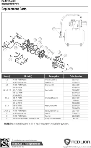 Miniatura 4 de Red Lion 305584008 Kit de revisión para bomba de chorro de pozo poco profundo RJS-100-PREM 1 HP, natural