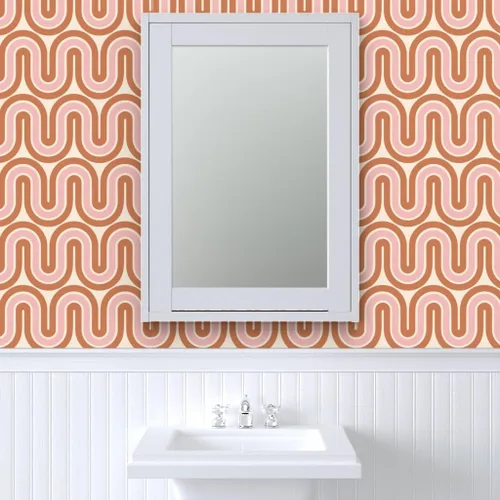 Miniatura 9 de Papel tapiz para despegar y pegar, diseño retro de mediados de siglo, líneas rosadas y marrones, decoración del hogar, olas, papel tapiz extraíble