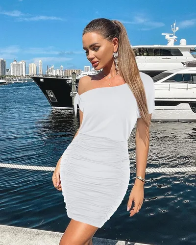 Miniatura 6 de Vestido corto de manga corta para mujer, con un hombro descubierto, fruncido y fruncido, para club, fiesta