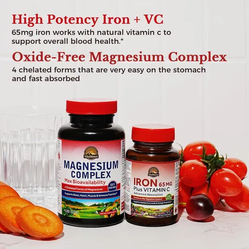 Miniatura 4 de Vitalitown Suplemento de complejo de magnesio de 500 mg y 65 mg de hierro para mujeres y hombres, para dormir, músculo, construcción de sangre