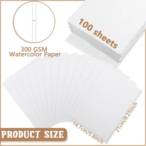 Miniatura 2 de Panelee 100 hojas de papel de acuarela hecho a mano de 300 GSM, a granel con borde deckled, 5.8 x 8.25 pulgadas, algodón texturizado blanco, papel